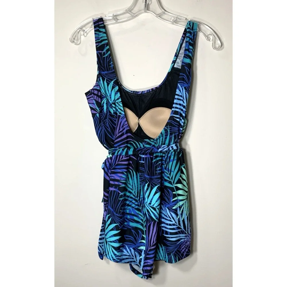 Blair Swimsuit Womens 10 One Piece Tank Black Purple Palm‎ Tropical Print Boyleg